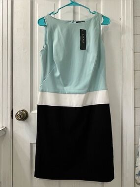 Lauren Ralph Lauren Mint, White & Black Colorblock Midi Sheath Dress. NWT